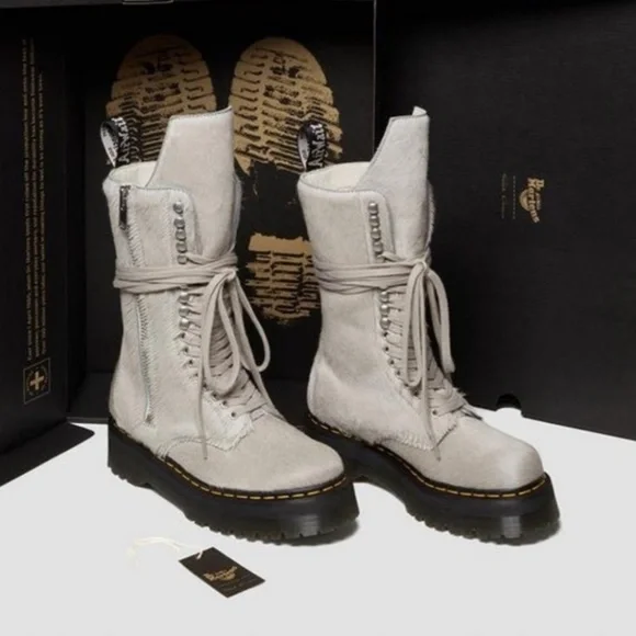 Dr Martens RICK OWENS 1918 HAIR-ON PLATFORM LEATHER COMBAT BOOTS Calf Hair SZ5,6